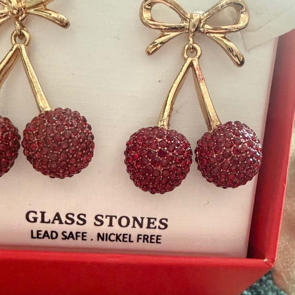 Piper K Red Cherry and gold bow Drop Earrings - Picture 3 of 8